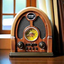 Mey İthalat®  Orta Boy Kubbe Model Retro Ahşap Tasarım Bluetooth Hoparlörlü Radyo – FM/AM Destekli, Şarjlı ve Taşınabilir Radyo NS-7061