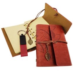Mey İthalat®  Özel Ahşap Kutulu Kahve Deri Defter ve Anahtarlık Set