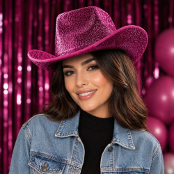 Mey İthalat® Parlak Pembe Kovboy Şapka Kadın Erkek Parti Disco Festival Şapkası