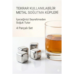 Mey İthalat® Paslanmaz Çelik Buz Küpü 4’lü Set – İçeceği Sulandırmadan Soğutucu Metal Taş
