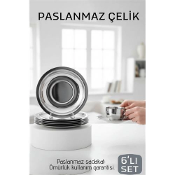 Mey İthalat® Paslanmaz Çelik Çay Tabağı Seti - Premium 304 Kalite  6 Parça Lüks Aynalı Parlaklık ve Modern Tasarım