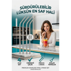 Mey İthalat® Paslanmaz Çelik Metal Pipet Seti 4'lü - Yıkanabilir Fırçalı Çevre Dostu Pipet 723136