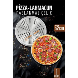 Mey İthalat®  Paslanmaz Çelik Pizza-Lahmacun Tepsisi – Delikli Tasarım ile Mükemmel Pişirme 32 cm  720527