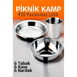 Mey İthalat® Paslanmaz Çelik Tabak Kase Bardak Seti Kamp Piknik Seti 18 adet 721505
