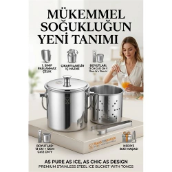 Mey İthalat® Paslanmaz Inox Parlak Çelik Buz Kovası Seti - Süzgeçli ve Buz Maşası Hediyeli 723145