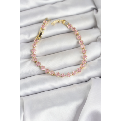 Mey İthalat® Pembe Kare Zirkon Taşlı Gold Renk Pirinç Su Yolu Kadın Bileklik
