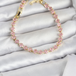 Mey İthalat® Pembe Kare Zirkon Taşlı Gold Renk Pirinç Su Yolu Kadın Bileklik