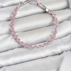 Mey İthalat® Pembe Kare Zirkon Taşlı Gümüş Renk Pirinç Su Yolu Kadın Bileklik