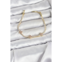 Mey İthalat® Pembe Yonca Detaylı Zirkon Taşlı Gold Renk Pirinç Su Yolu Kadın Bileklik