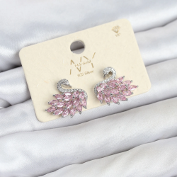 Mey İthalat® Pembe Zirkon Taşlı Gümüş Swan Kuğu Model Kadın Küpe