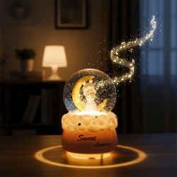 Mey İthalat® Pilli Işıklı Müzikli Kar Küresi–Hilal Ay Önünde Prenses Figürlü Eğlenceli Masaüstü Biblo, LED Aydınlatmalı Dekoratif Hediyelik Kar Küresi