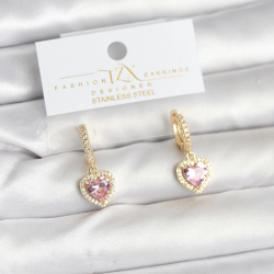 Mey İthalat® Pirinç Gold Pembe Renk Zirkon Taşlı Kalp Model Kadın Küpe