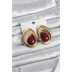 Mey İthalat® Pirinç Gold Renk Bordo Taşlı Damla Model Vintage Kadın Küpe