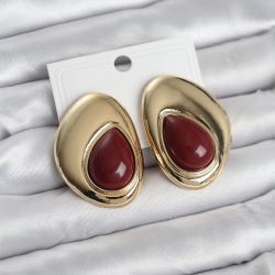 Mey İthalat® Pirinç Gold Renk Bordo Taşlı Damla Model Vintage Kadın Küpe