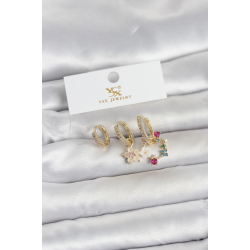 Mey İthalat® Pirinç Gold Renk Çiçek Model 3'lü Kadın Küpe