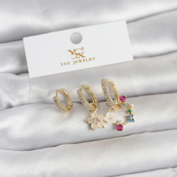 Mey İthalat® Pirinç Gold Renk Çiçek Model 3'lü Kadın Küpe