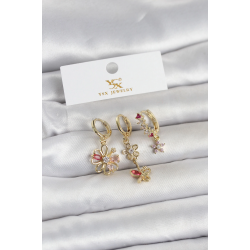 Mey İthalat® Pirinç Gold Renk Çiçek Model 3'lü Kadın Küpe
