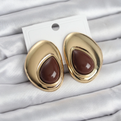 Mey İthalat® Pirinç Gold Renk Kahverengi Taşlı Damla Model Vintage Kadın Küpe