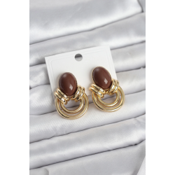 Mey İthalat® Pirinç Gold Renk Kahverengi Taşlı Vintage Kadın Küpe