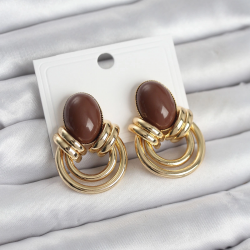 Mey İthalat® Pirinç Gold Renk Kahverengi Taşlı Vintage Kadın Küpe