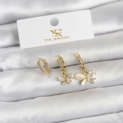 Mey İthalat® Pirinç Gold Renk Kelebek Model 3'lü Kadın Küpe
