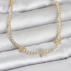 Mey İthalat® Pirinç Gold Renk Minimal Yıldız Model Zirkon Taşlı Su Yolu Kadın Bileklik
