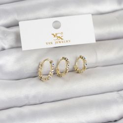 Mey İthalat® Pirinç Gold Renk Nazarlı Model 3'lü Kadın Küpe