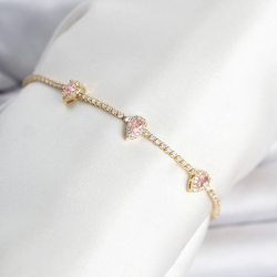 Mey İthalat® Pirinç Gold Renk Pembe Damla Taş Detaylı Kadın Su Yolu Bileklik
