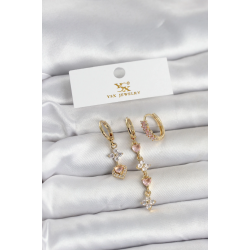 Mey İthalat® Pirinç Gold Renk Pembe Zirkon Taşlı 3'lü Kadın Küpe