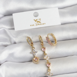 Mey İthalat® Pirinç Gold Renk Pembe Zirkon Taşlı 3'lü Kadın Küpe