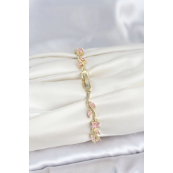 Mey İthalat® Pirinç Gold Renk Pembe Zirkon Taşlı Çiçek Model Kadın Bileklik