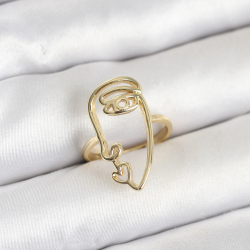 Mey İthalat® Pirinç Gold Renk Picasso Tarzı Tek Çizgi Yüz Model Kadın Yüzük