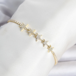 Mey İthalat® Pirinç Gold Renk Sıralı Yıldız Model Su Yolu Kadın Bileklik