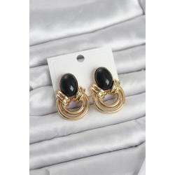 Mey İthalat® Pirinç Gold Renk Siyah Taşlı Vintage Kadın Küpe