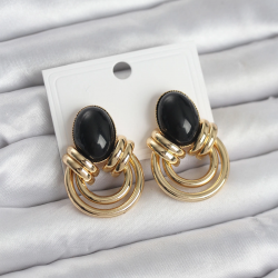 Mey İthalat® Pirinç Gold Renk Siyah Taşlı Vintage Kadın Küpe