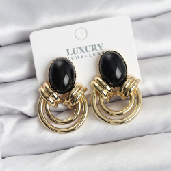 Mey İthalat® Pirinç Gold Renk Siyah Taşlı Vintage Kadın Küpe
