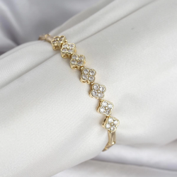 Mey İthalat® Pirinç Gold Renk Yonca Model Zirkon Taşlı Kadın Bileklik