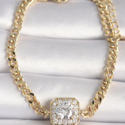 Mey İthalat® Pirinç Gold Renk Zincir Kare Zirkon Taş Model Xuping VIP Seri Kadın Bileklik