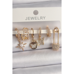 Mey İthalat® Pirinç Gold Renk Zirkon Sallantı Zirkon Taşlı İnci Detay Kelebek Figür Kadın Küpe Seti