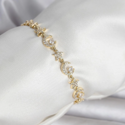Mey İthalat® Pirinç Gold Renk Zirkon Taşlı Ay ve Yıldız Model Kadın Bileklik