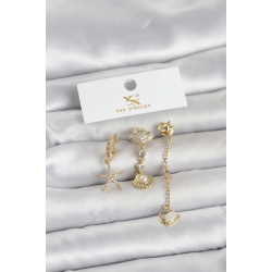 Mey İthalat® Pirinç Gold Renk Zirkon Taşlı Deniz Temalı 3'lü Kadın Küpe