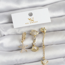 Mey İthalat® Pirinç Gold Renk Zirkon Taşlı Deniz Temalı 3'lü Kadın Küpe
