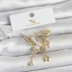 Mey İthalat® Pirinç Gold Renk Zirkon Taşlı Gece Temalı 3'lü Kadın Küpe