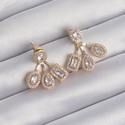 Mey İthalat® Pirinç Gold Renk Zirkon Taşlı Geometrik Model Küpe