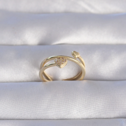 Mey İthalat® Pirinç Gold Renk Zirkon Taşlı Kalpli Model Ayarlanabilir Yüzük