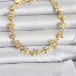 Mey İthalat® Pirinç Gold Renk Zirkon Taşlı Sıralı Yıldız Model Kadın Bileklik
