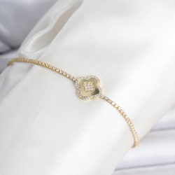 Mey İthalat® Pirinç Gold Renk Zirkon Taşlı Yonca Model Su Yolu Kadın Bileklik