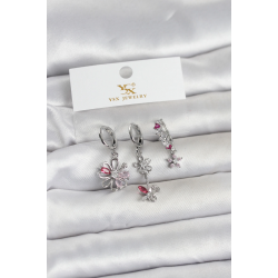 Mey İthalat® Pirinç Gümüş Renk Çiçek Model 3'lü Kadın Küpe