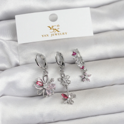 Mey İthalat® Pirinç Gümüş Renk Çiçek Model 3'lü Kadın Küpe