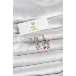 Mey İthalat® Pirinç Gümüş Renk Çiçek Model 3'lü Kadın Küpe